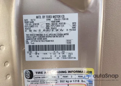 2012 Ford F-150 Lariat from USA, damaged, VIN 1FTFW1ET6CFB46163